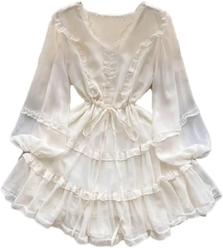 Bohemian Beach Dress Womens Elegant Short White Lace Up Ruffle Hem Layered Mesh Full Sleeve Summer Boho Mini Dress(X-Large Short)