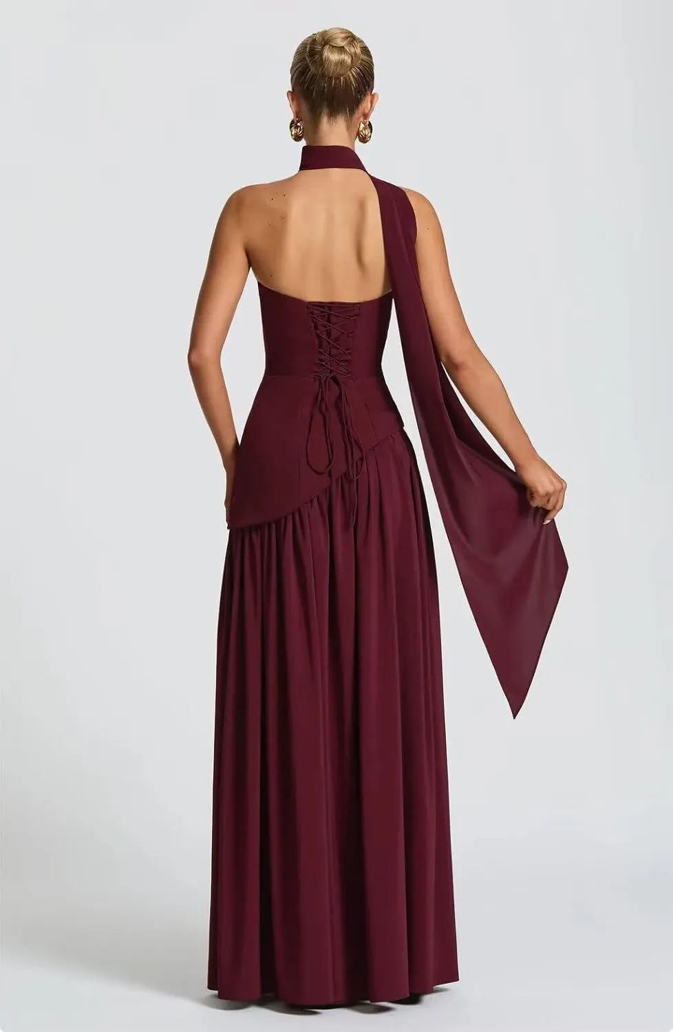 BOLENSYE Women's Halter Bridesmaid Dresses Long Chiffon Pleated Evening Party Gown A Line Wedding Guest Dress with Slit