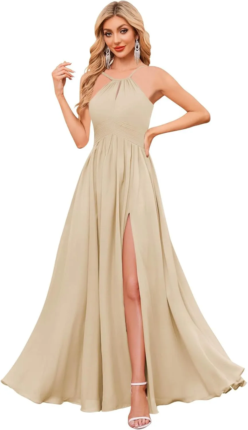 BOLENSYE Women's Halter Bridesmaid Dresses Long Chiffon Pleated Evening Party Gown A Line Wedding Guest Dress with Slit