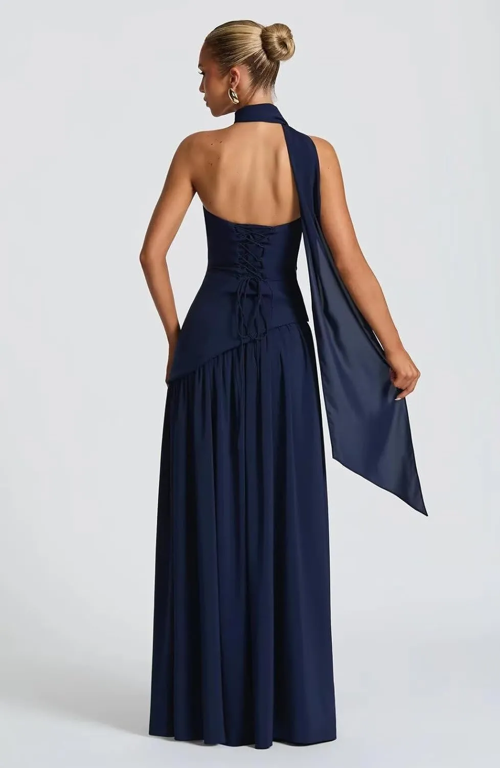 BOLENSYE Women's Halter Bridesmaid Dresses Long Chiffon Pleated Evening Party Gown A Line Wedding Guest Dress with Slit