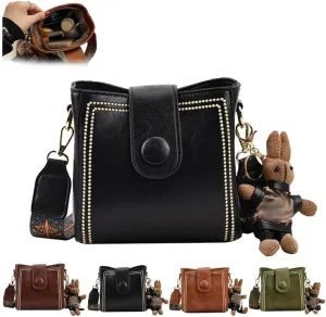 Bootara Retro Bucket Bag for Women,Vintage Quilted Leather Shoulder Handbag with Wide Strap, Adjustable Crossbody Purse