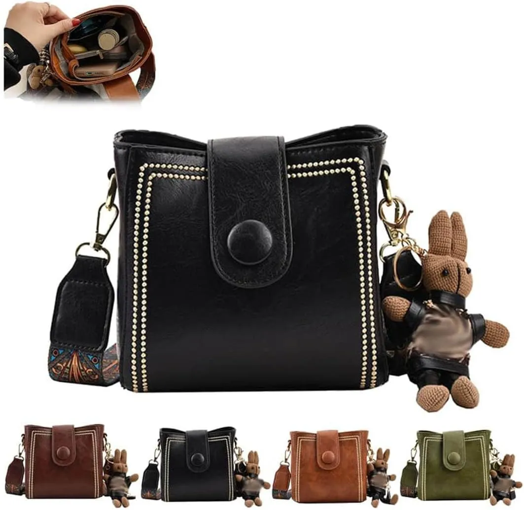Bootara Retro Bucket Bag for Women,Vintage Quilted Leather Shoulder Handbag with Wide Strap, Adjustable Crossbody Purse