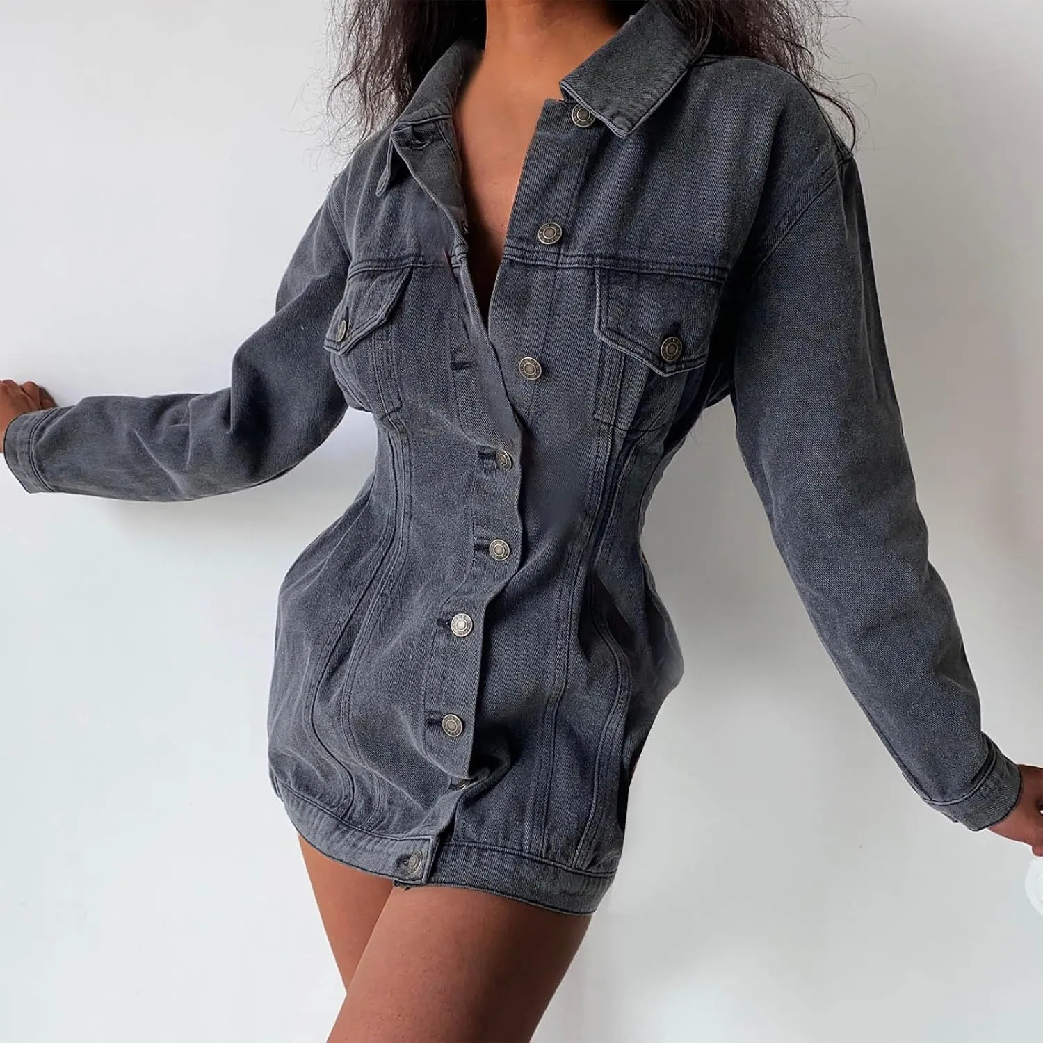 BTDECLAR Womens Casual Denim Jacket Midi Long Jean Skirt Babydoll Slim Fit Lapel Pleated Long Sleeve Denim Dress Jean Jacket
