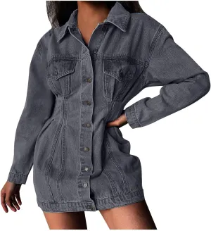 BTDECLAR Womens Casual Denim Jacket Midi Long Jean Skirt Babydoll Slim Fit Lapel Pleated Long Sleeve Denim Dress Jean Jacket