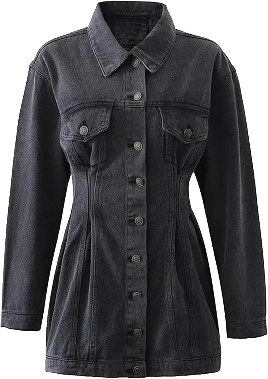 BTDECLAR Womens Casual Denim Jacket Midi Long Jean Skirt Babydoll Slim Fit Lapel Pleated Long Sleeve Denim Dress Jean Jacket
