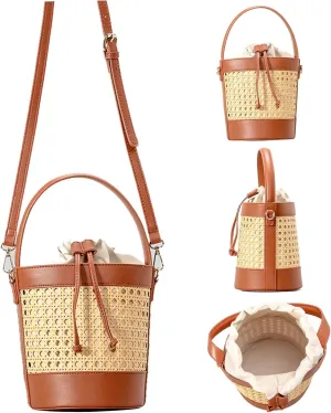 Bucket Bag Straw Bucket Bag 7.5x5.9x5.9 Straw Tote Bag Pu Leather Hollow Rattan Bag with Drawstring Beach Vibe Straw Bags for Women with Adjustable Shoulder Strap for Travel Vacation