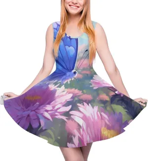Butterfly Wildflowers Floral Women's Dress Round Neck Dress Sleeveless Tank Dress Ruffle Hem Mini Dresses 5XL