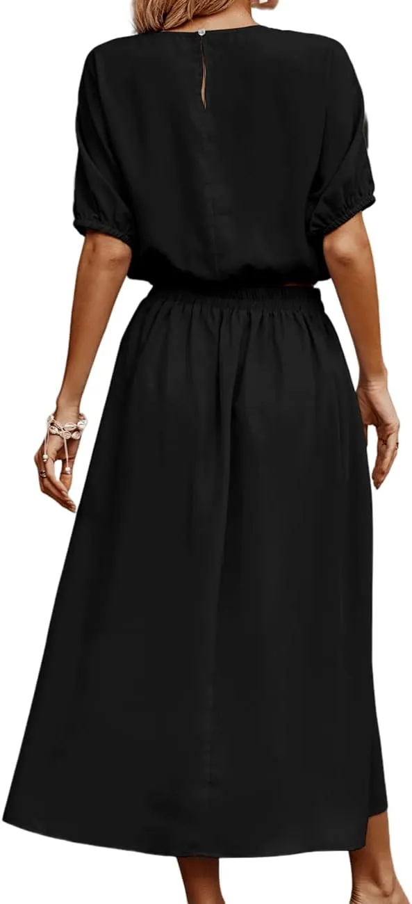 BZSFW Women's Two Piece Outfits Summer 2023 Solid Color Casual Loose Puff Sleeve Crop Top and Pleated Long Skirt Set