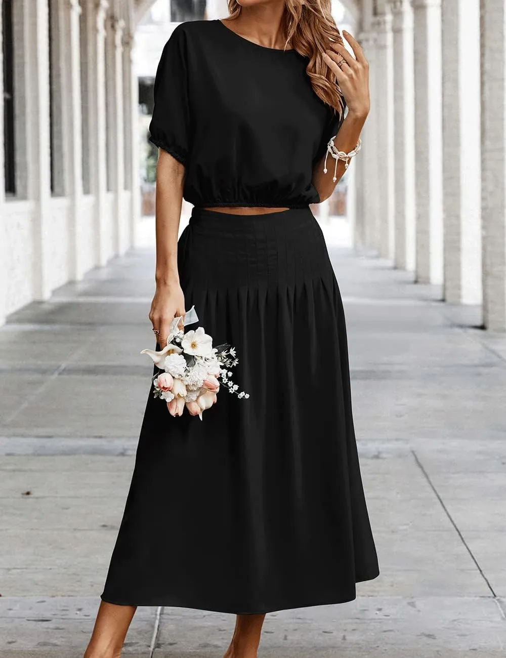 BZSFW Women's Two Piece Outfits Summer 2023 Solid Color Casual Loose Puff Sleeve Crop Top and Pleated Long Skirt Set