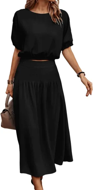 BZSFW Women's Two Piece Outfits Summer 2023 Solid Color Casual Loose Puff Sleeve Crop Top and Pleated Long Skirt Set