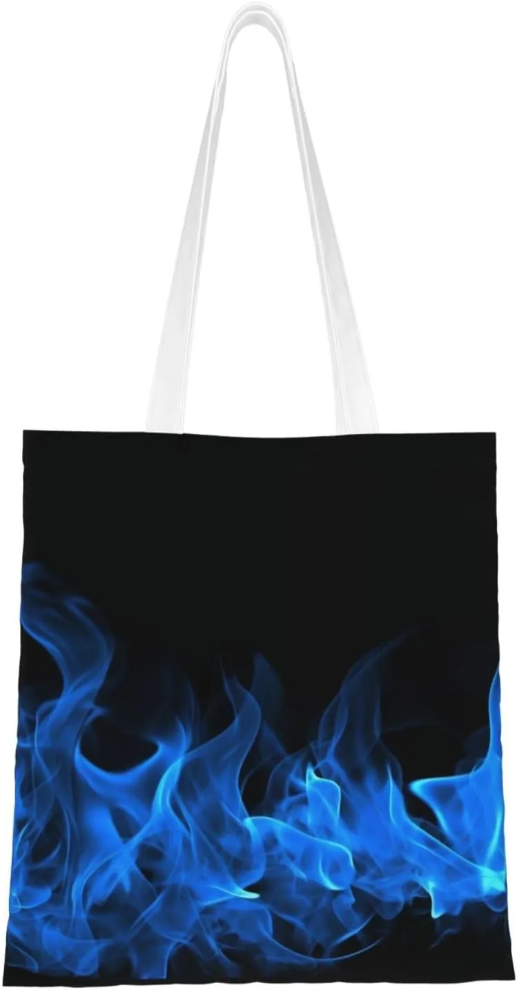 Canvas Tote Bag Aesthetic for Women Blue Flame Shopping Bags Large Tote Shoulder Bag Reusable Grocery Bags Hobo Bags Casual Handbags Cute Cloth Bags Birthday Gifts