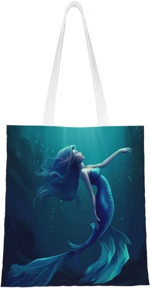 Canvas Tote Bag Aesthetic for Women Blue Mermaid Shopping Bags Large Tote Shoulder Bag Reusable Grocery Bags Hobo Bags Casual Handbags Cute Cloth Bags Birthday Gifts