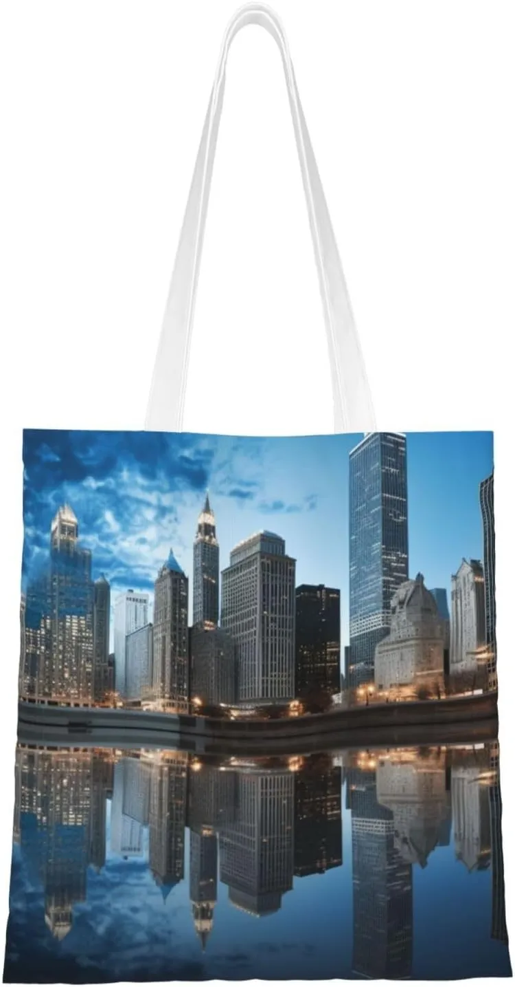 Canvas Tote Bag Aesthetic for Women Chicago Reflected Shopping Bags Large Tote Shoulder Bag Reusable Grocery Bags Hobo Bags Casual Handbags Cute Cloth Bags Birthday Gifts
