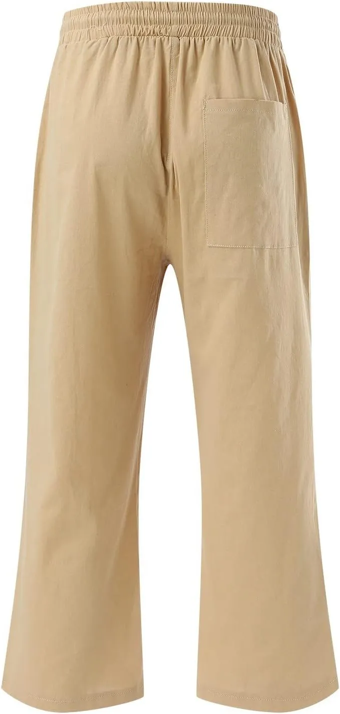 Capri Pants for Women Casual Summer Linen Capris Drawstring Elastic Waist Wide Leg Cropped Trousers