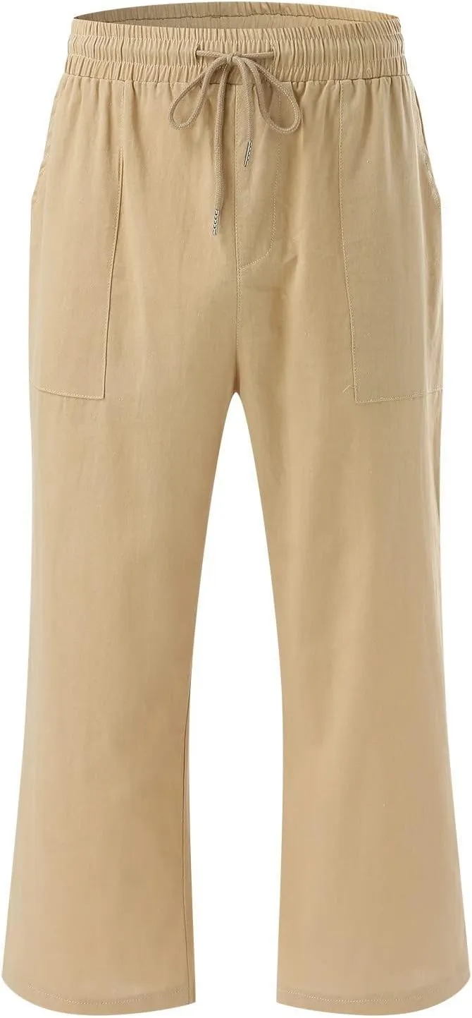Capri Pants for Women Casual Summer Linen Capris Drawstring Elastic Waist Wide Leg Cropped Trousers