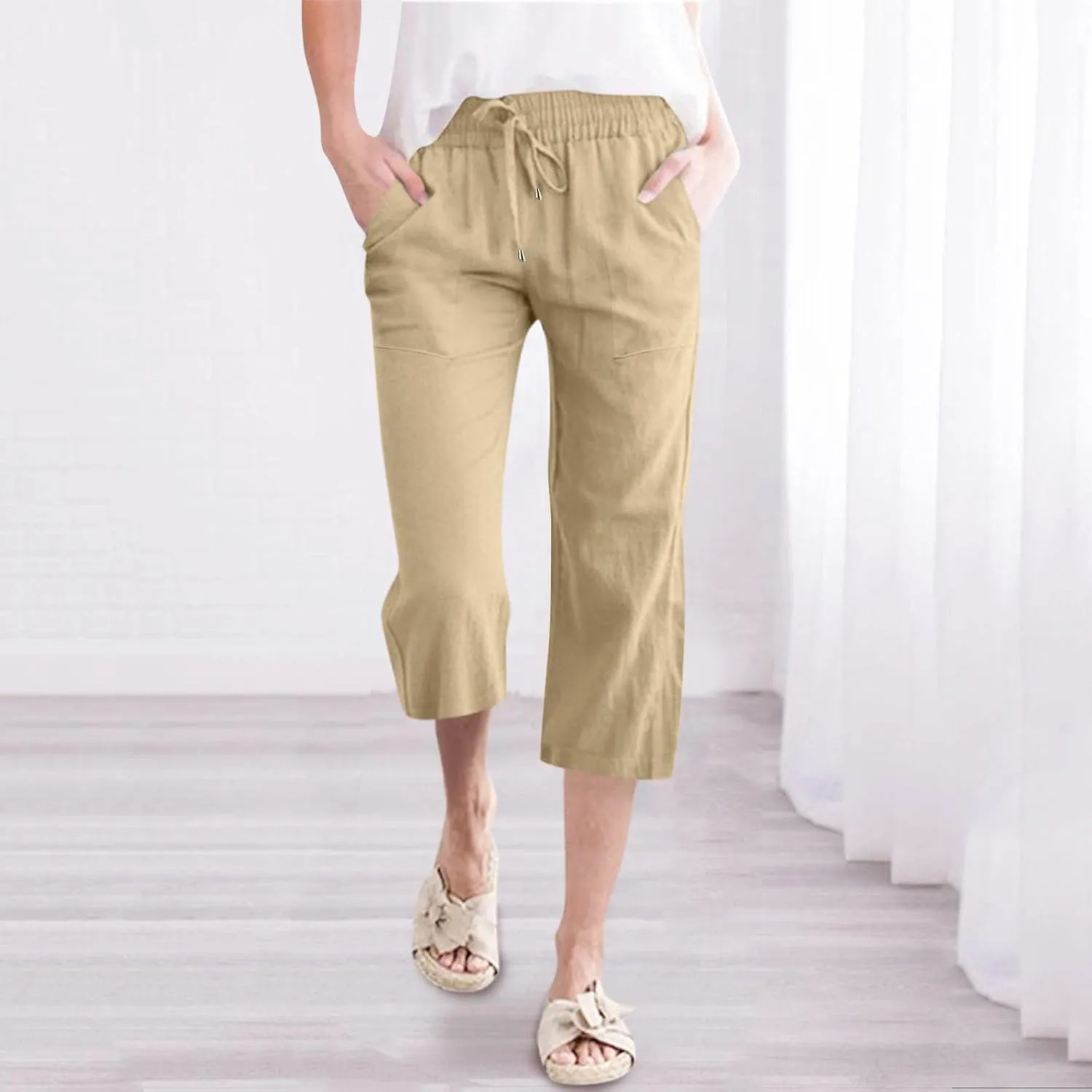 Capri Pants for Women Casual Summer Linen Capris Drawstring Elastic Waist Wide Leg Cropped Trousers