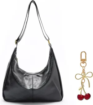 celestina Black Vegan Leather Hobo Bag with Red Cherry Keychain  Stylish Slouchy Tote & Playful Charm Gift Set for Women, Ideal for Work, Travel, and Daily Use