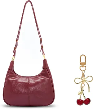 celestina Mini Red Vegan Leather Shoulder Bag with Red Cherry Keychain  Retro Crescent Purse & Playful Charm Gift Set for Women, Ideal for Dates, Travel, and Everyday Use