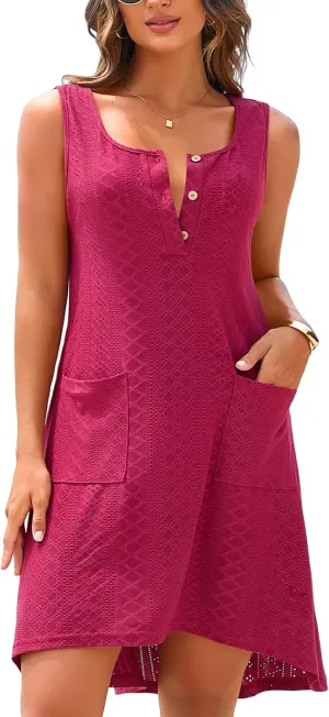 Charmo Swimsuit Coverup for Women Swimwear Buttons Up Bathing Suit Cover Up Pockets Asymmetric Hem Tank Beach Casual Dress