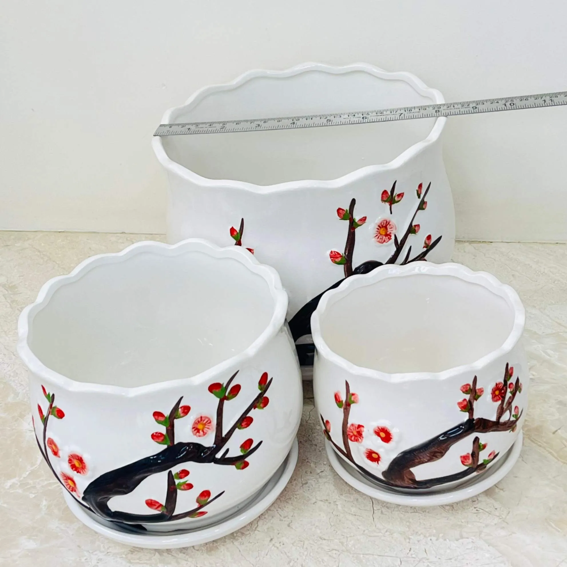 Cherry Blossom Hand-Painted Ceramic Planter Set  (Set Of 3)