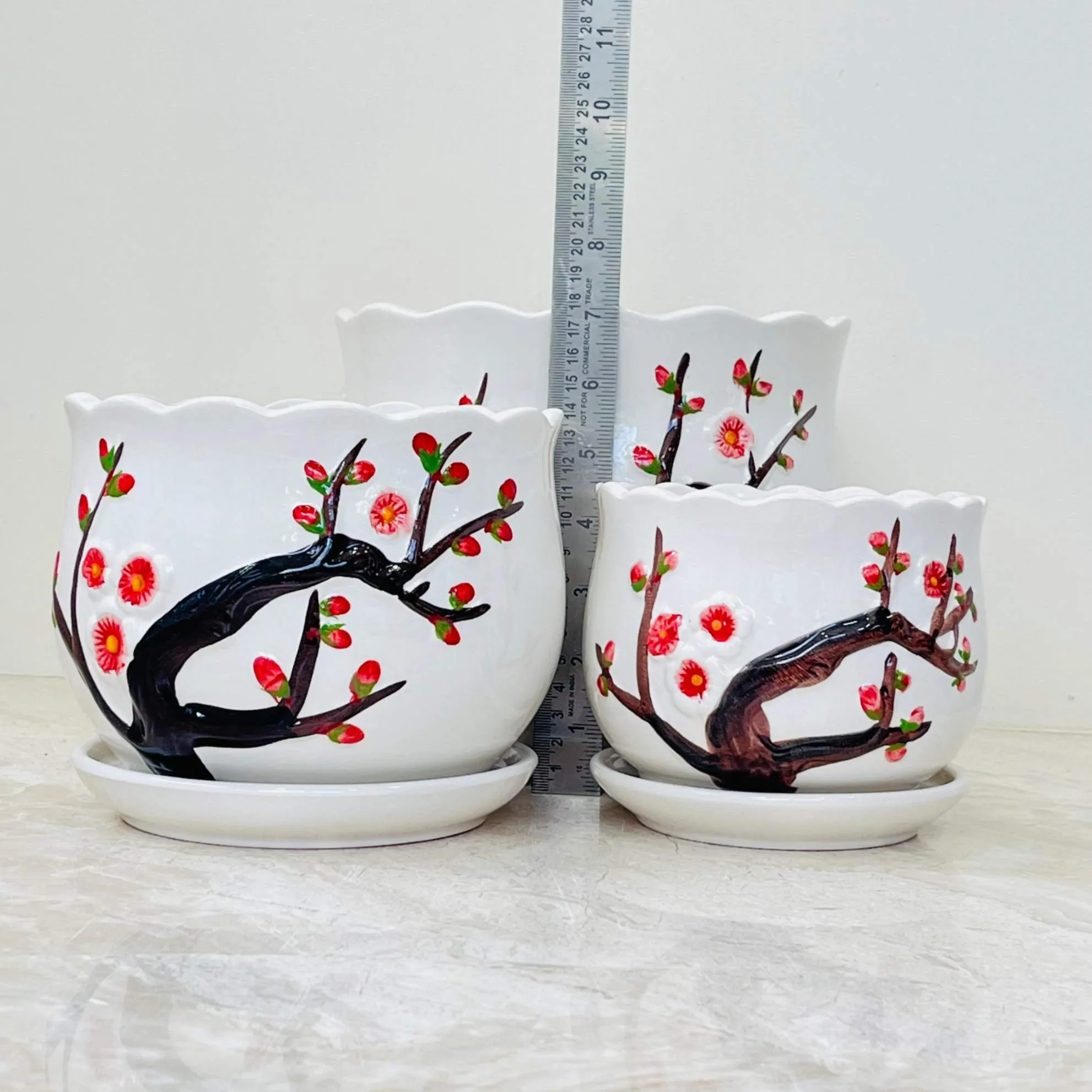 Cherry Blossom Hand-Painted Ceramic Planter Set  (Set Of 3)