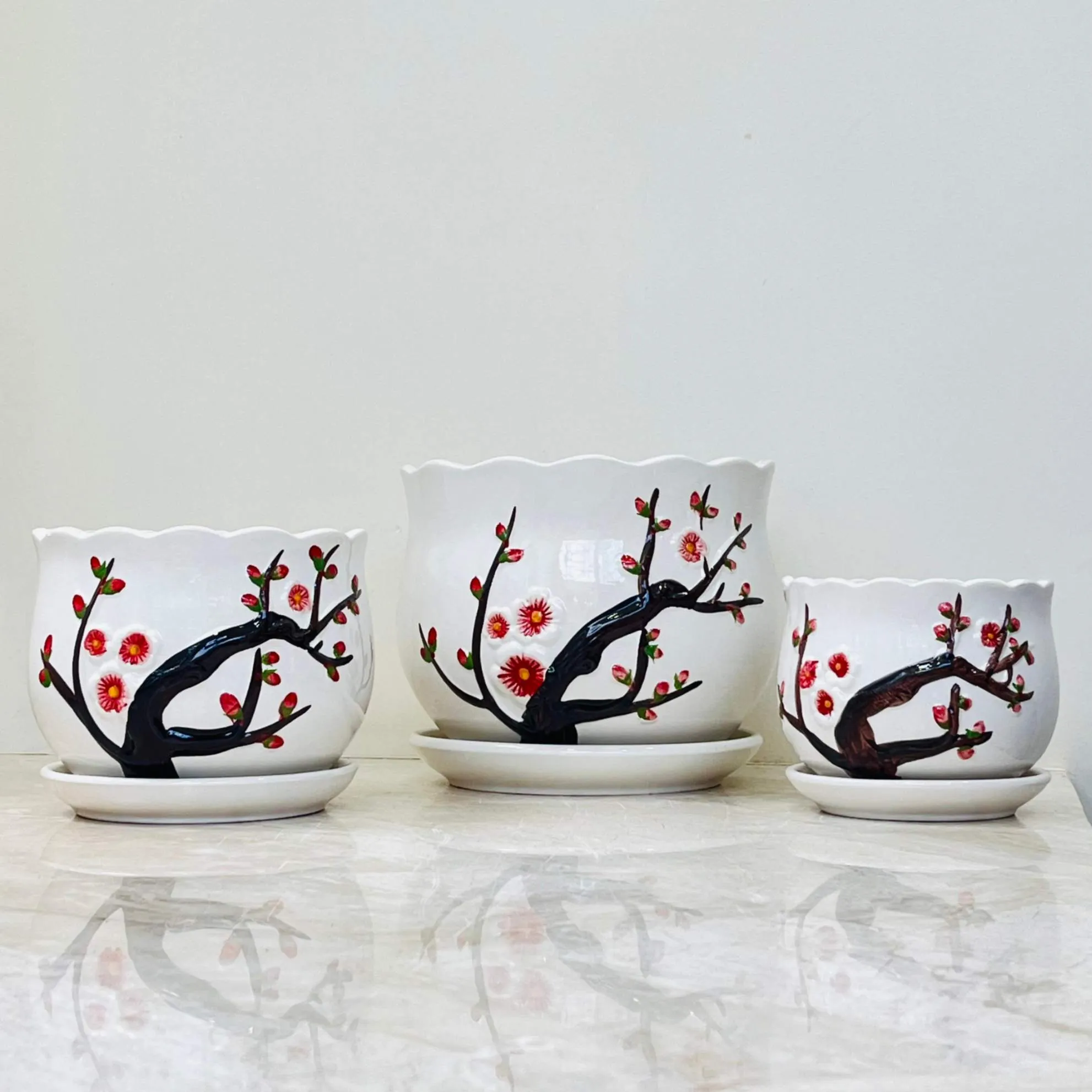 Cherry Blossom Hand-Painted Ceramic Planter Set  (Set Of 3)