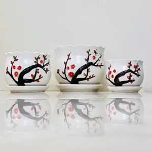 Cherry Blossom Hand-Painted Ceramic Planter Set  (Set Of 3)