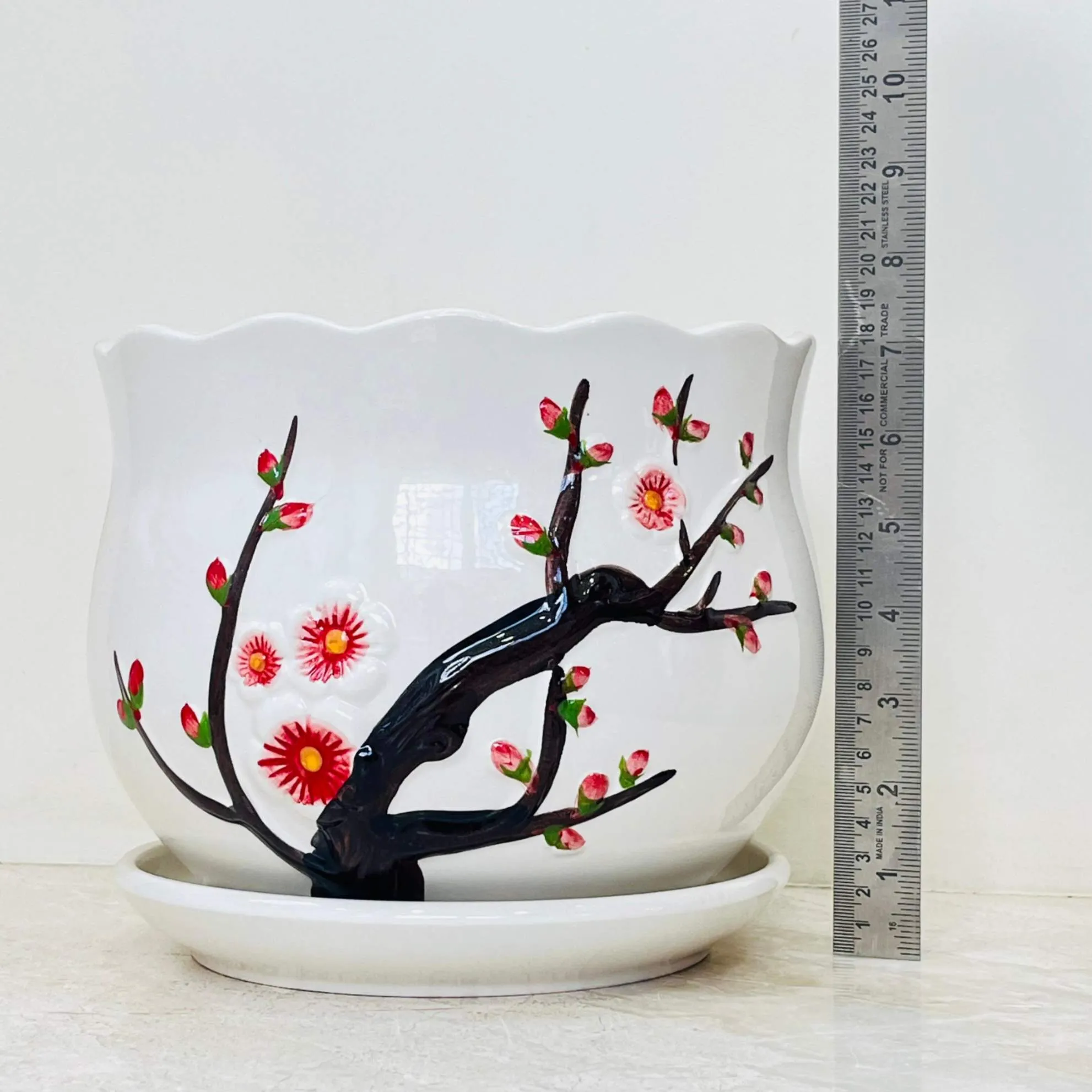 Cherry Blossom Hand-Painted Ceramic Planter Set  (Set Of 3)