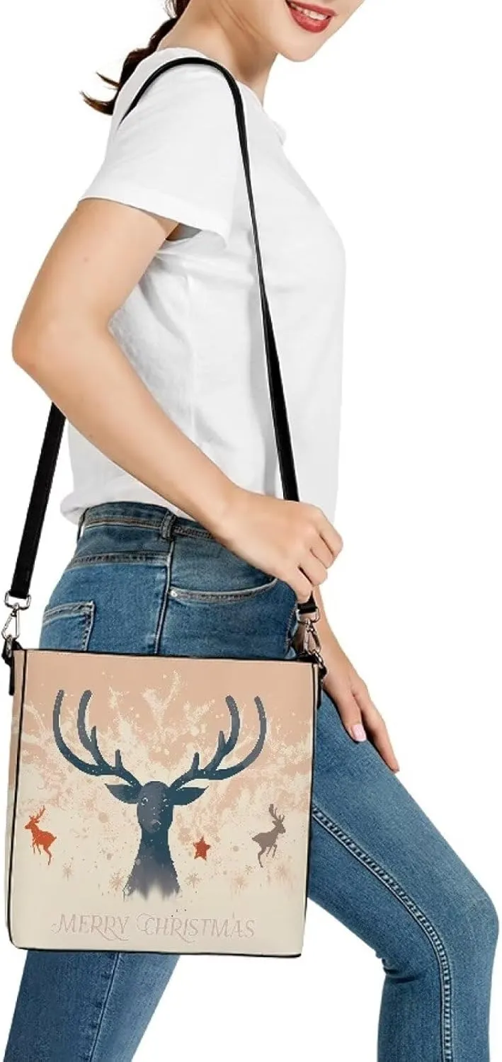 Christmas Tote Bag for Women, Xmas Bucket Totes Bag, PU Leather Shoulder Tote Bags Holiday Gift for Mom Teacher