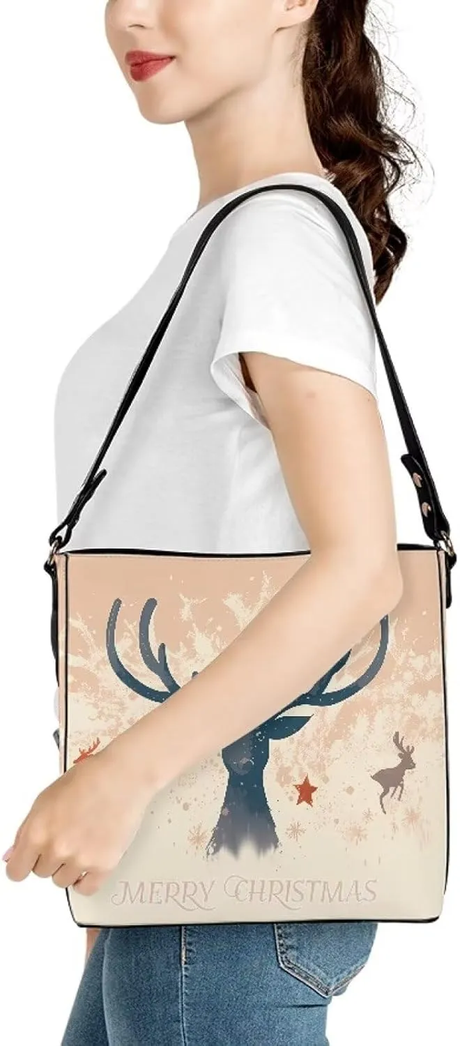 Christmas Tote Bag for Women, Xmas Bucket Totes Bag, PU Leather Shoulder Tote Bags Holiday Gift for Mom Teacher