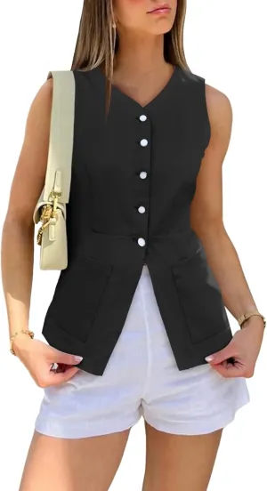 Cicy Bell Womens Button Down Vest Tops Summer Fitted Sleeveless Tank Tops Dressy Casual Business Waistcoat