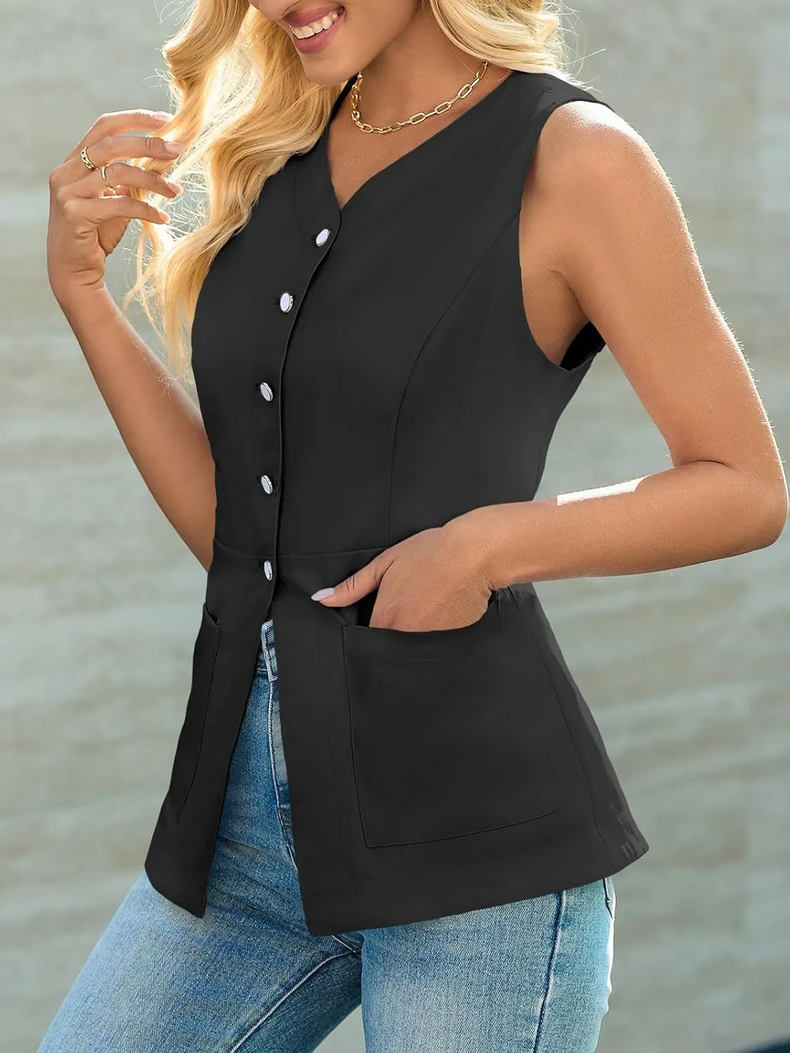 Cicy Bell Womens Button Down Vest Tops Summer Fitted Sleeveless Tank Tops Dressy Casual Business Waistcoat