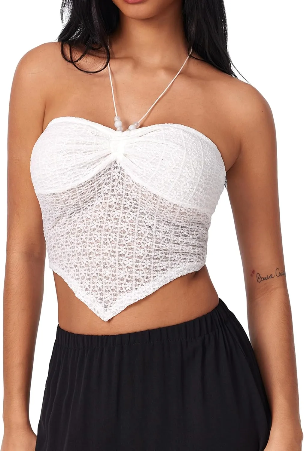 CIDER Halter Tops for Women Crochet Boho Backless Ruched Tie Back Vacation Beach Tank Crop Tops