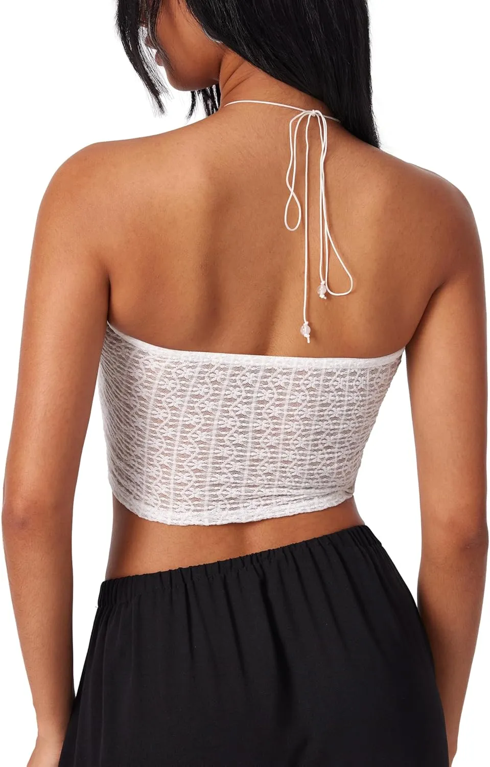 CIDER Halter Tops for Women Crochet Boho Backless Ruched Tie Back Vacation Beach Tank Crop Tops