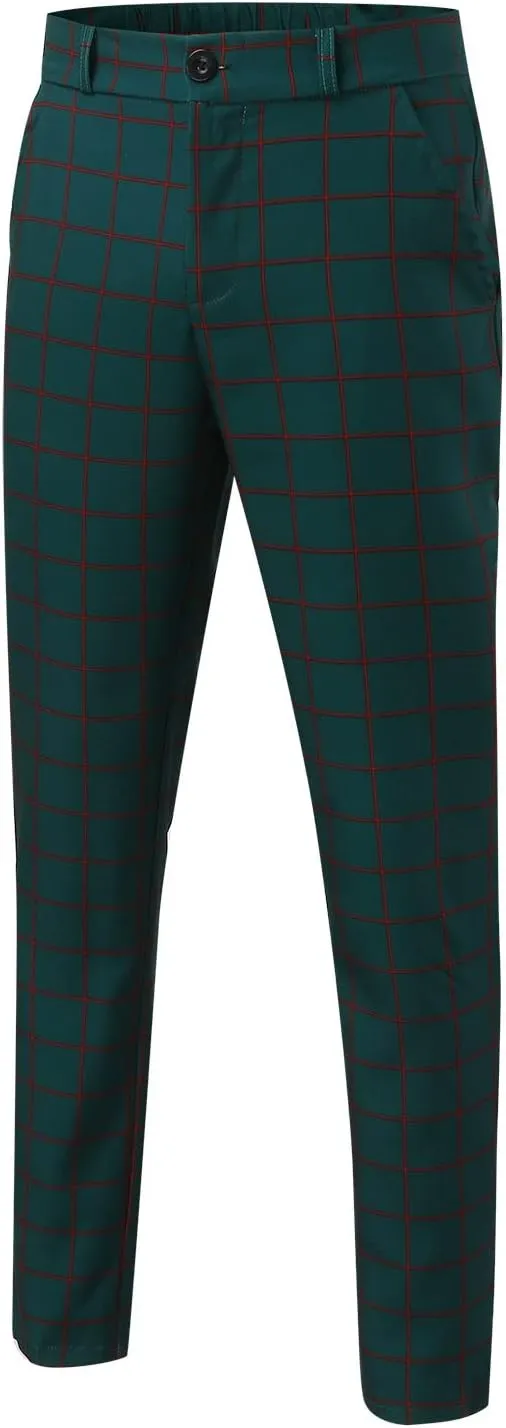 CRNTCEM Men's Plaid Suit Pants Chinos Skinny Work Business Trouser Straight Wedding Flat Front Formal Dress Check Trousers