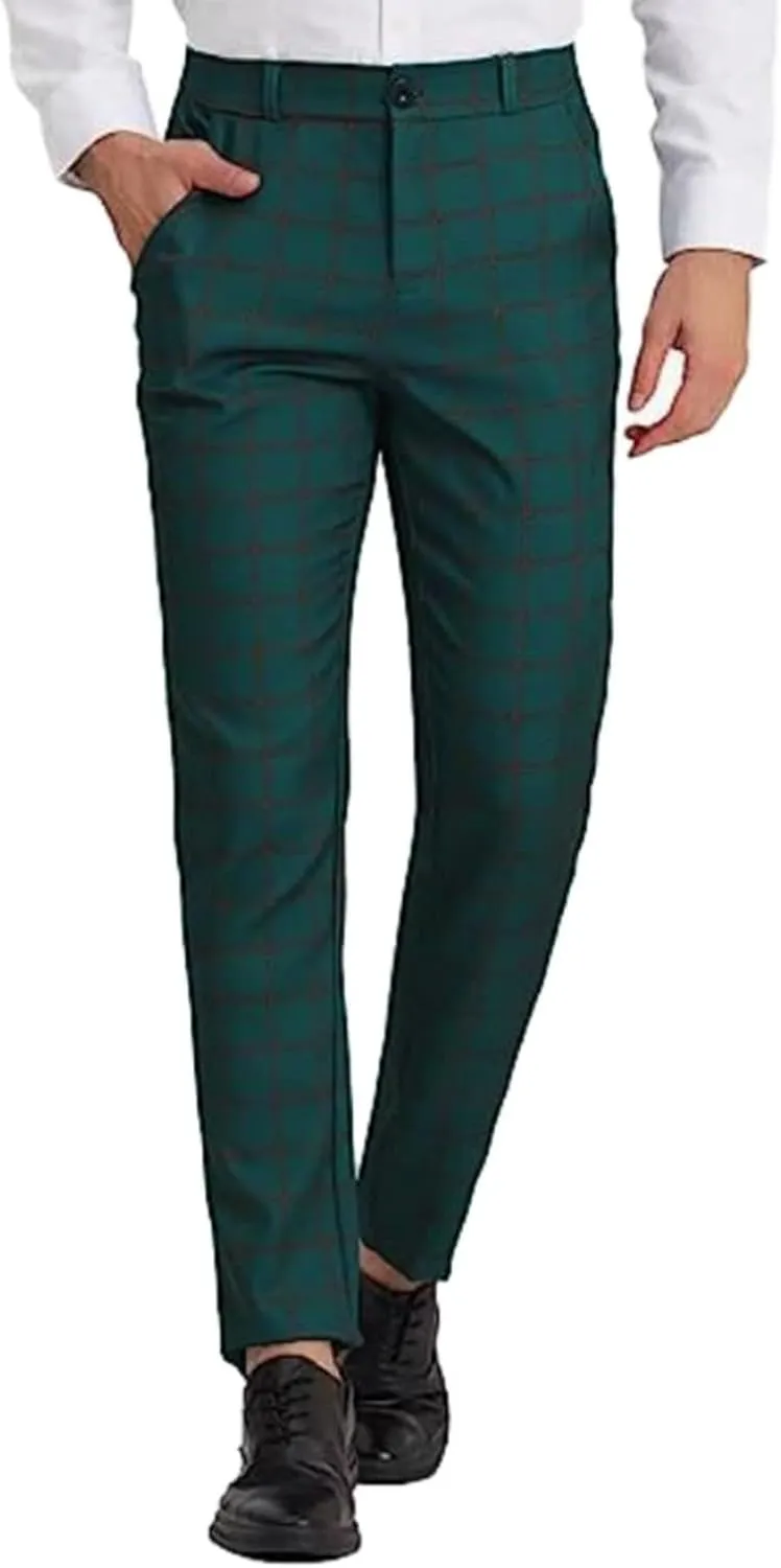 CRNTCEM Men's Plaid Suit Pants Chinos Skinny Work Business Trouser Straight Wedding Flat Front Formal Dress Check Trousers