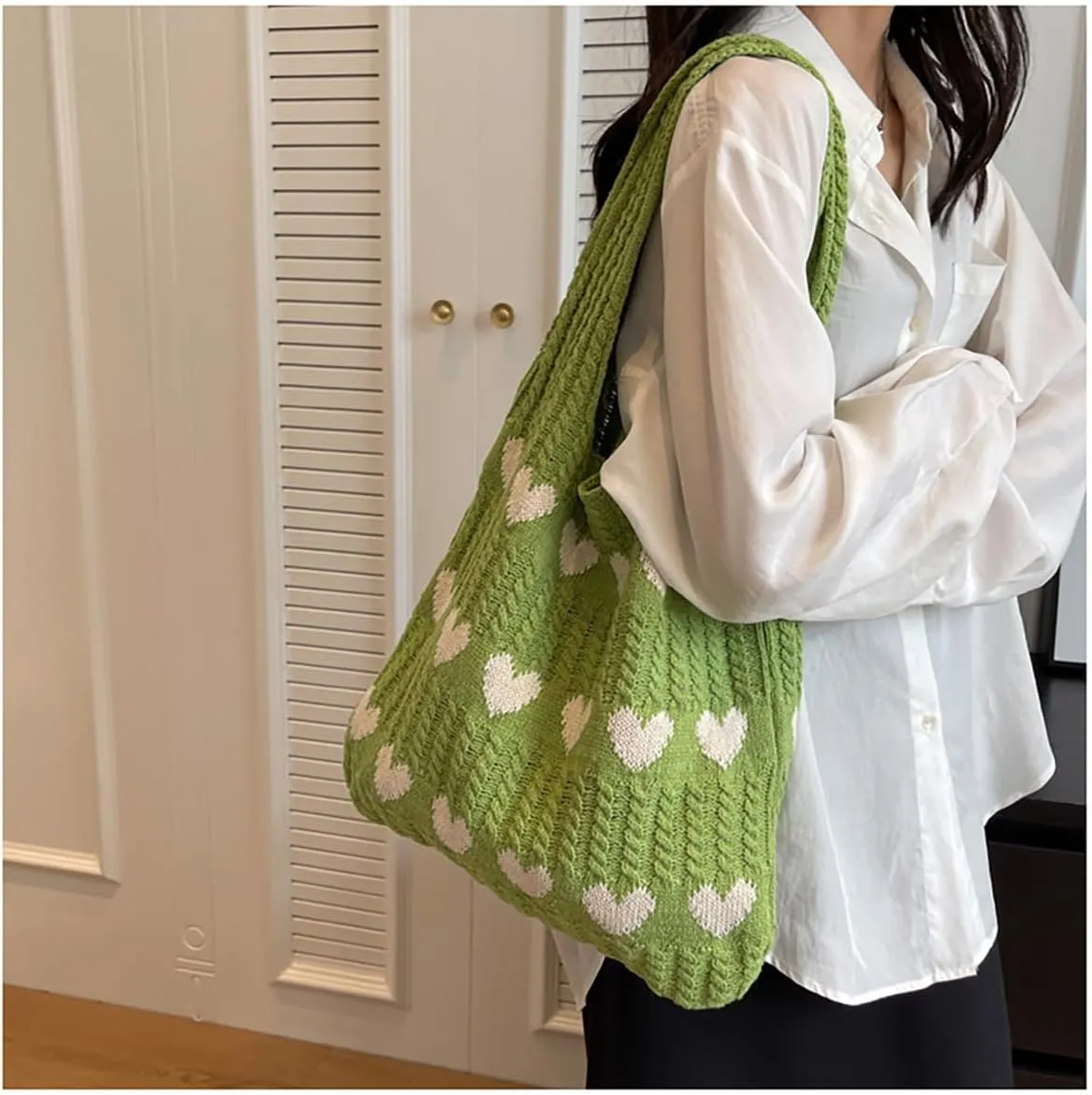 Crochet Tote Bag Cute Heart Pattern Hobo Bag Knitted Shopping Shoulder Commute Handbag Hollow Beach Purse for Women