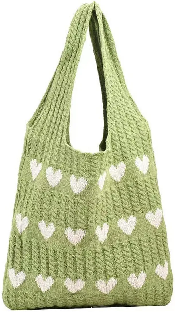 Crochet Tote Bag Cute Heart Pattern Hobo Bag Knitted Shopping Shoulder Commute Handbag Hollow Beach Purse for Women