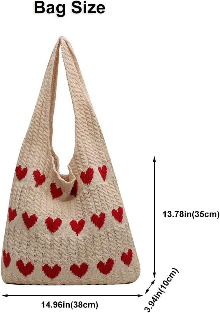 Crochet Tote Bag Cute Heart Pattern Hobo Bag Knitted Shopping Shoulder Commute Handbag Hollow Beach Purse for Women
