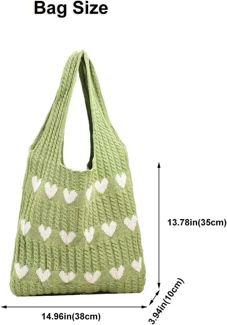 Crochet Tote Bag Cute Heart Pattern Hobo Bag Knitted Shopping Shoulder Commute Handbag Hollow Beach Purse for Women