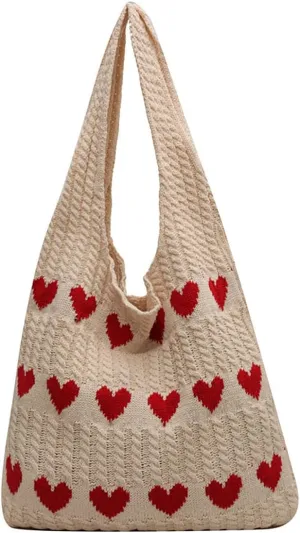 Crochet Tote Bag Cute Heart Pattern Hobo Bag Knitted Shopping Shoulder Commute Handbag Hollow Beach Purse for Women