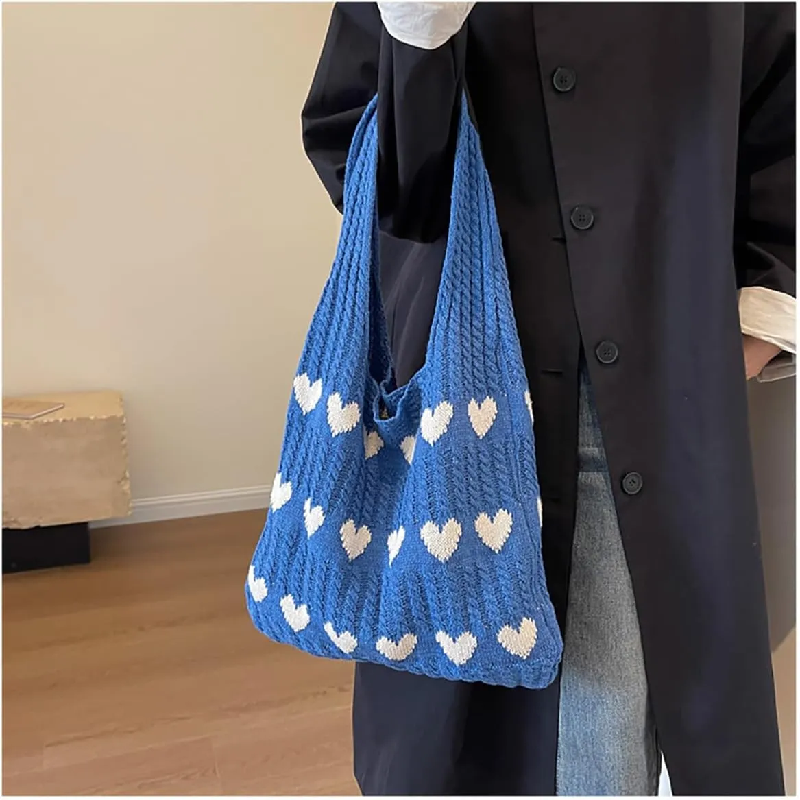Crochet Tote Bag Cute Heart Pattern Hobo Bag Knitted Shopping Shoulder Commute Handbag Hollow Beach Purse for Women