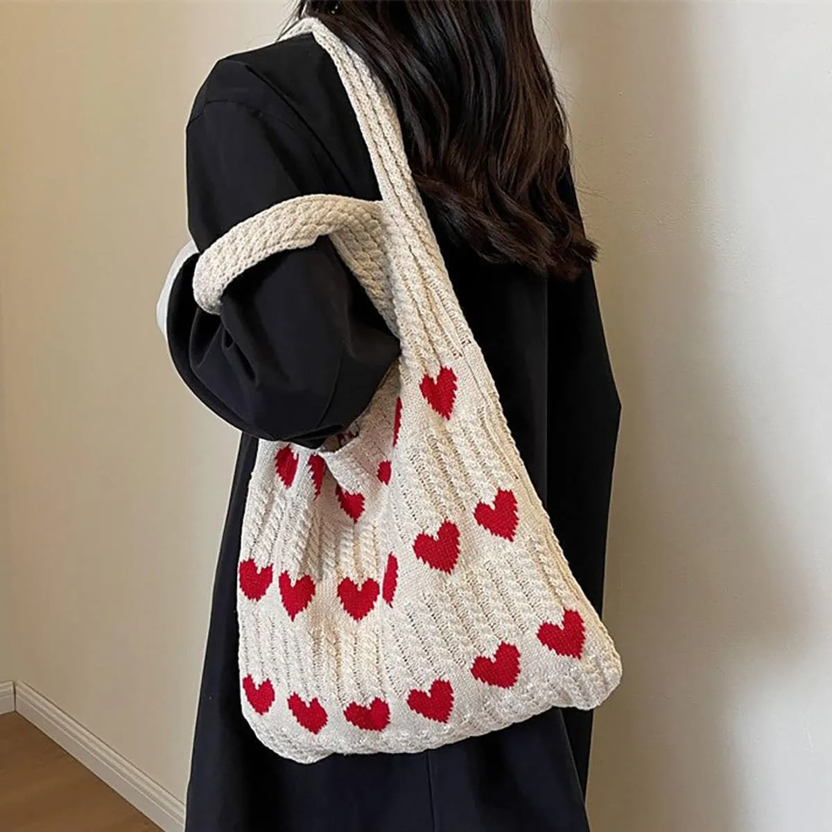 Crochet Tote Bag Cute Heart Pattern Hobo Bag Knitted Shopping Shoulder Commute Handbag Hollow Beach Purse for Women
