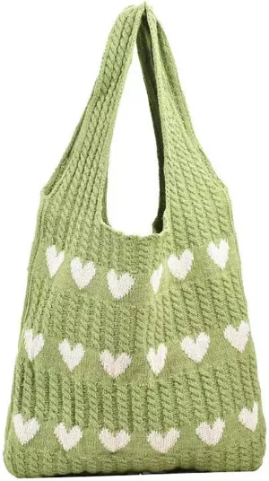 Crochet Tote Bag Cute Heart Pattern Hobo Bag Knitted Shopping Shoulder Commute Handbag Hollow Beach Purse for Women