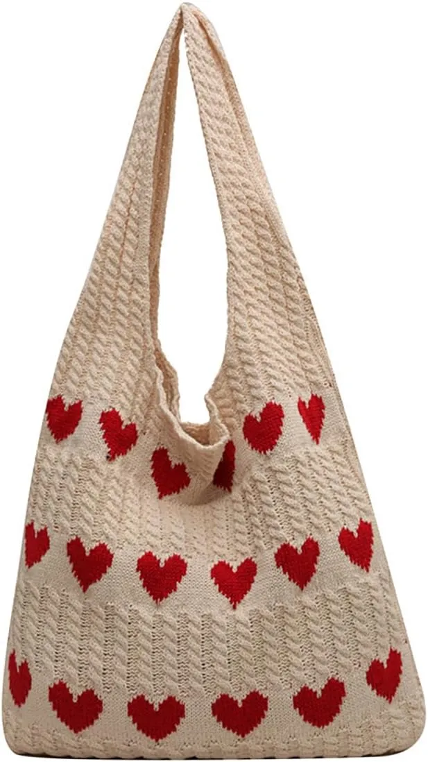 Crochet Tote Bag Cute Heart Pattern Hobo Bag Knitted Shopping Shoulder Commute Handbag Hollow Beach Purse for Women