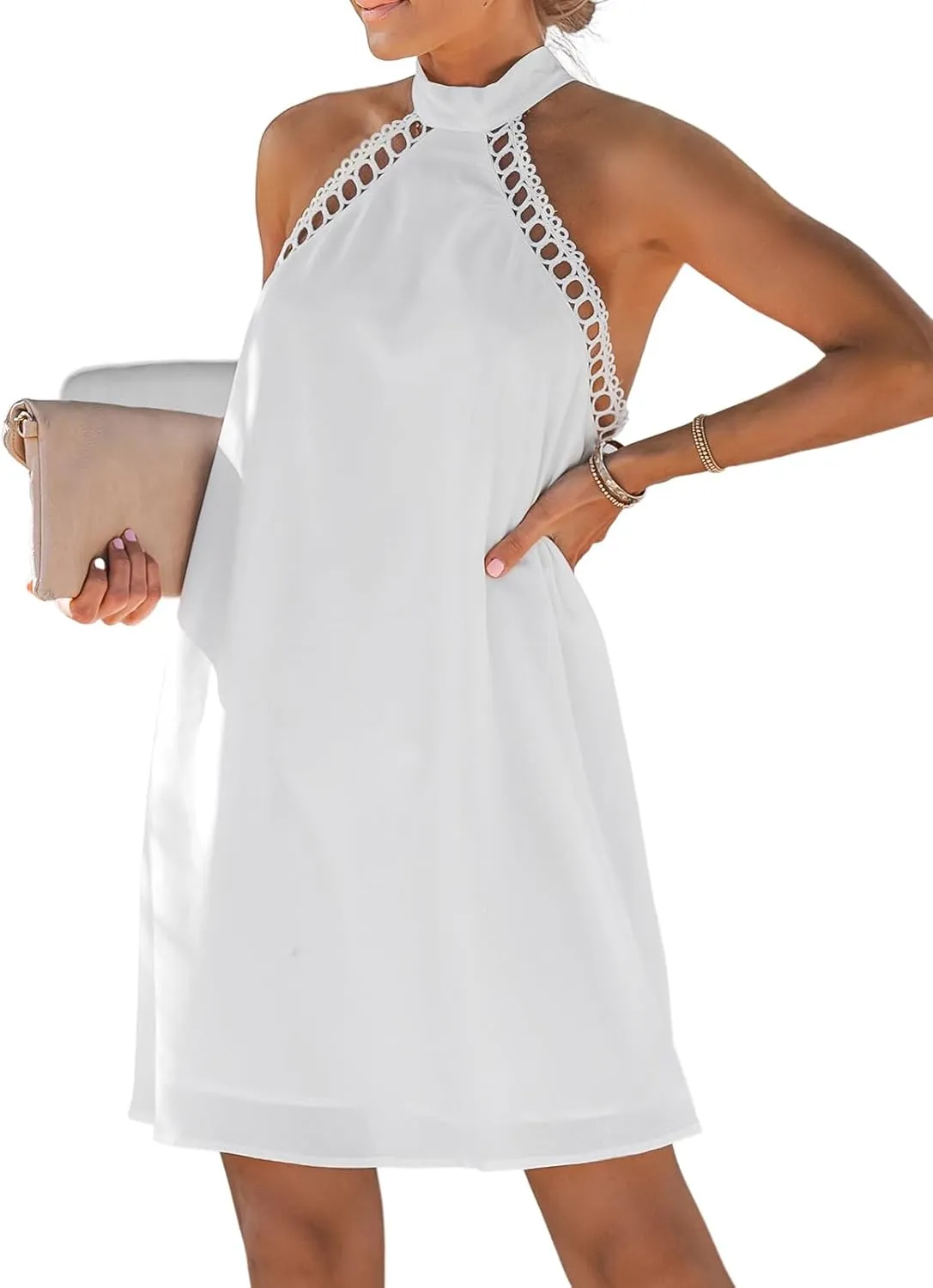 CUPSHE Women's Dress Halter Lace Trim Summer Beach Vacation Flowy Mini Dress 2025 Fashion