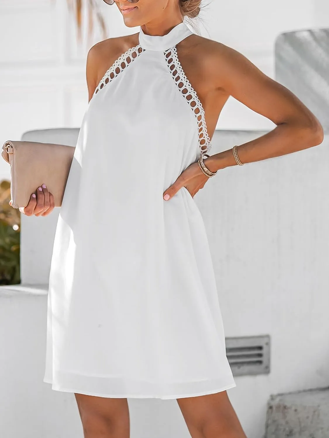 CUPSHE Women's Dress Halter Lace Trim Summer Beach Vacation Flowy Mini Dress 2025 Fashion