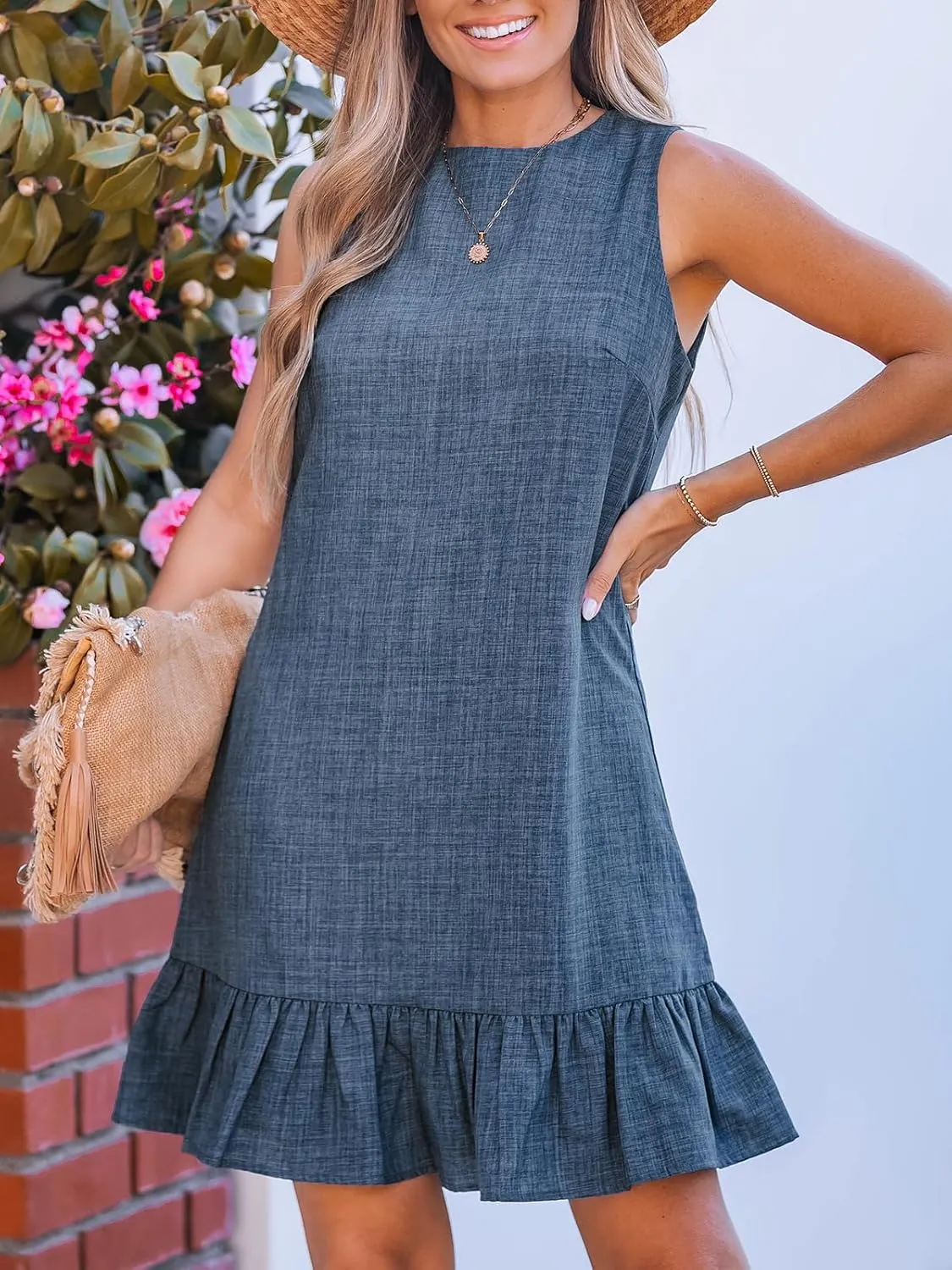 CUPSHE Womens Summer Dresses Sleeveless Tie Back High Crew Neck Ruffle Mini Short Dress