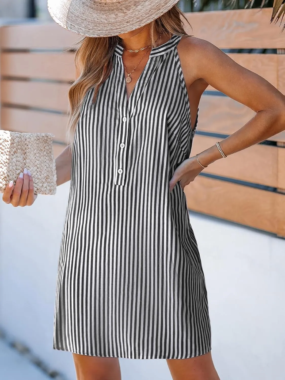 CUPSHE Womens Summer Dresses V Neck Sleeveless Striped Button Up Mini Casual Coverup Dress