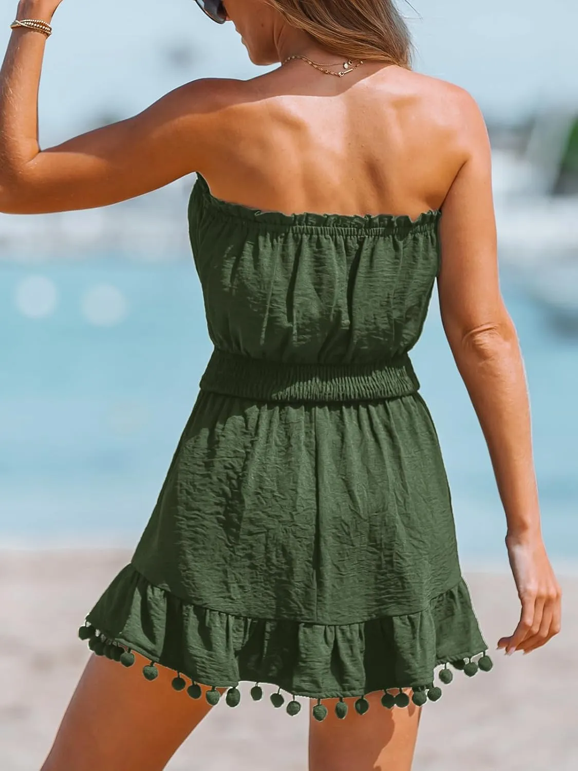 CUPSHE Women's Swimsuit Coverup Strapless Tube Dress Smocked Pom Pom Casual Beach Sundress